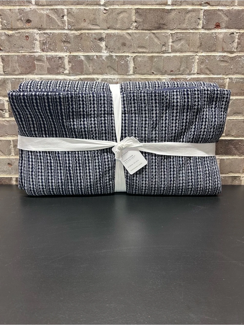 Pottery Barn Honeycomb Percale Cotton Duvet Cover Dark Blue Full Queen NWT